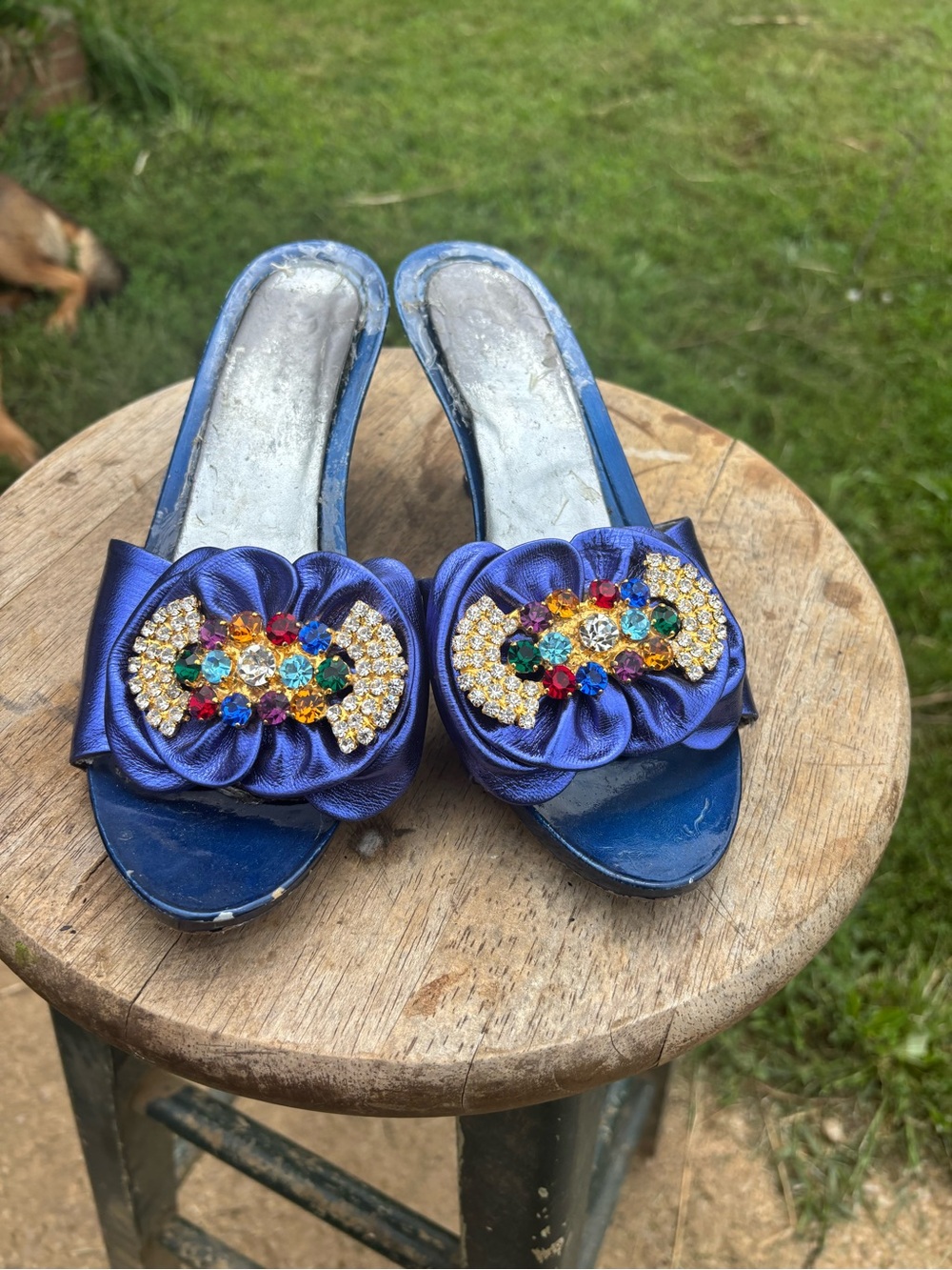 Vintage Y2K Metallic Blue Multicolor Rhinestone Kitten Heel Mules 38